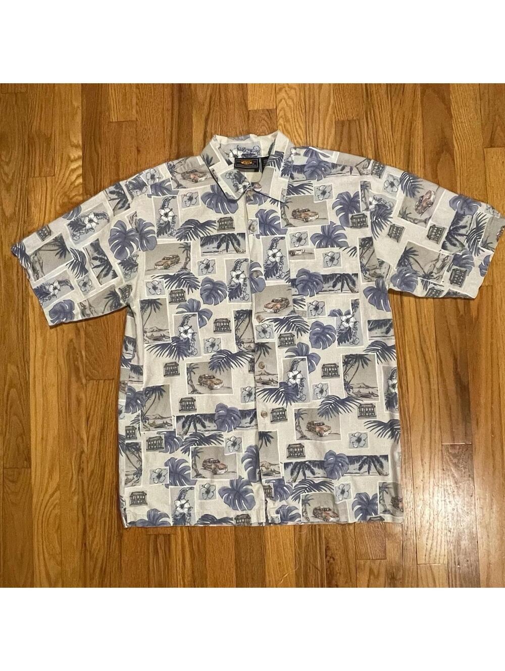 Vintage Hawaiian Button Up Shirt Blue Floral Monstera Palm Cotton Route66 Men M
